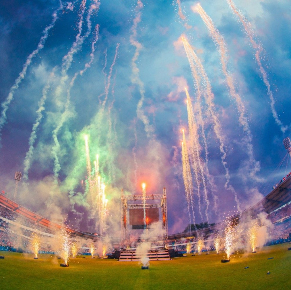The Gothis Cup Opening Ceremony Ullevi Stadium with 50,000 players, coaches and spectators - fireworks exploding in the sky during a sports event.